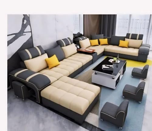 Image of Torque Galster 12 Seater Sofa Set for Living Room (Cream) | Interchangeable U Shape Sectional Sofa with Cup Holder & Storage | Solid Wood Frame & High-Density Supersoft Foam | Includes Puffy & Stool