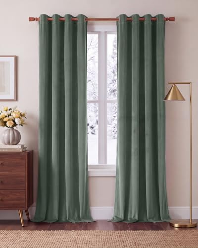 Image of PONY DANCE Sage Green Eyelet Blackout Velvet Curtains, 52x90 Inch, 2 Panels