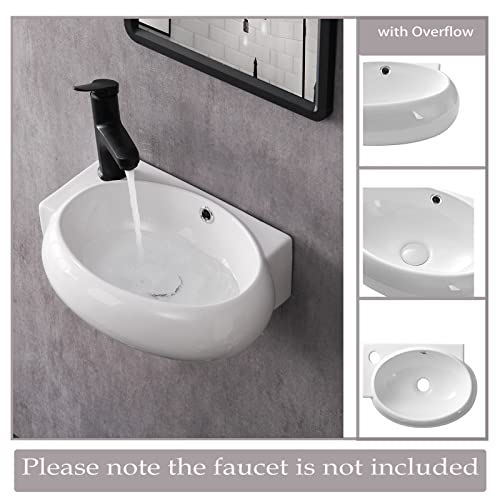 Pakroman Wall Mount Vessel Sink Oval Bathroom Vessel Sink Modern Bathroom Sink 16"X11" Porcelain Ceramic Corner Sink White Vessel Sink Vanity With Overflow And Pop Up Drain, Soap Dish - Left Hand #TOP3