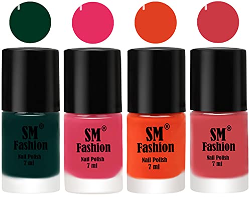 Image of Nail Polish Combo Set (Pack of 4) Quick Dry Gel Finish Nail Paint | Dark Green,Dark Rose Pink,Reddish Orange ,Punch Pink | 7 ml Each