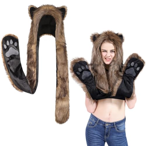 Faux Fur Animal Hat Plush Warm 3-in-1 Hat Scarf Gloves Set Winter Hood Cap for Halloween Xmas Cosplay Party3