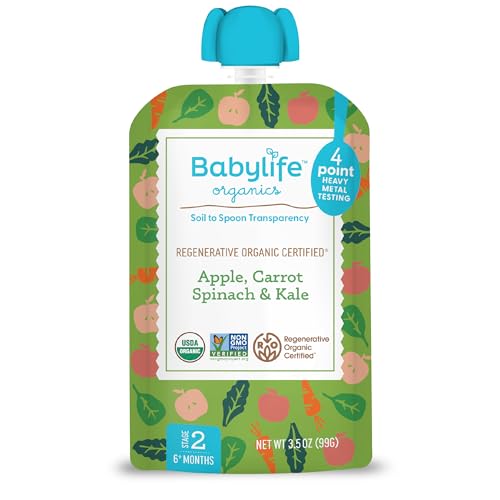 Babylife Organics Stage 2 – Heavy Metal Safe, Organic Baby Food - Apple, Carrot, Spinach & Kale, 3.5 Ounce Pouch (6 Pack)