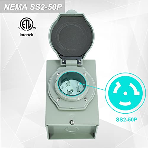 Rophor 50 Amp Generator Power Inlet Box, Nema Ss2-50P Power Inlet Box For 3 Prong Generator Cord, 125/250 Volt, 12500 Watts, Weatherproof, Outdoor Use, Etl Listed #TOP1