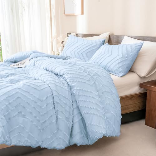 Image of Andency Light Blue Comforter Set Full Size, Boho Soft Warm Tufted Neutral Bedding Comforter Sets for Full Bed, 3 Pieces Aesthetic Chevron Cute Bohemian Textured Bedding Set