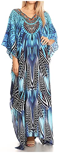 Sakkas P39 - Anahi Flowy Design V Neck Long Caftan Dress/Cover Up with Rhinestone - 17171-Black/Blue - OS