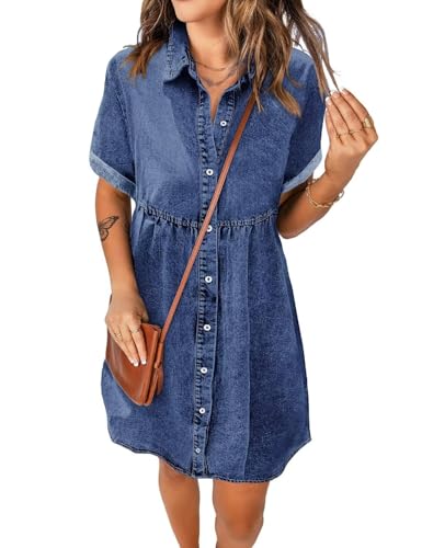 LOOKUB Women's Denim Dress for Women Babydoll Denim Shirt Dress with Pockets,S, Navy