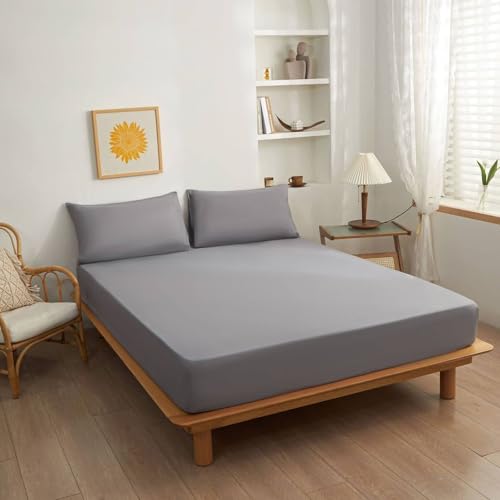 KnSam 135 x 200 + 25 cm sábana bajera con 2 fundas de almohada, juego de sábanas bajeras ajustables de invierno lisos textiles clásicos, poliéster algodón, colcha gris para todas las estaciones