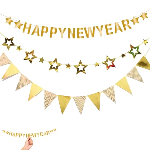 Decorazioni Capodanno 2026 set 3 pezzi ghirlanda stelle triangoli dorati per feste di fine anno addobbi per casa salotto parete giardino sfondo fotografico fai da te