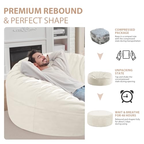 6FT Bean Bag Chair, Large Bean Bag Chairs with Memory Foam Filled, Fluffy Beanbag Sofa with Dutch Velvet Cover, Round BeanBag Chairs for Living Room, Playroom- Beige