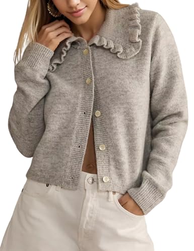 InterNos Womens Y2k Ruffled Collar Cardigan Sweaters Classic Button Down Long Sleeves Fall Sweater Crop Tops