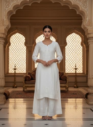 Image of Fashion Chikan Art Women's Lucknowi Premium Chanderi Silk Hand-Embroidered Chikankari Kurti & Palazzo Set | Elegant Festive & Casual Wear Ethnic Suit