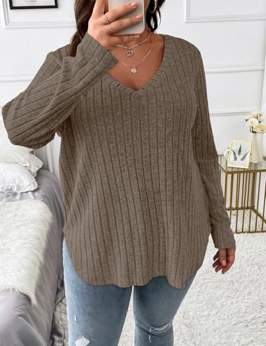 Image of Koscacy Women Plus Size Casual Knit Sweater V Neck Solid Color Tops Lightweight Long Sleeve Blouses