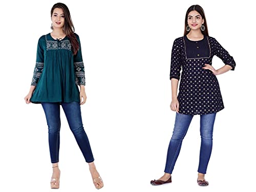 Image of Shiva Fab Short Kurti for Women | Embroidered Straight Rayon Kurta | Round Neck Full Sleeves Short Kurti for Women's (X-Large, Petrol Blue & Blue Gold-2 Pack)