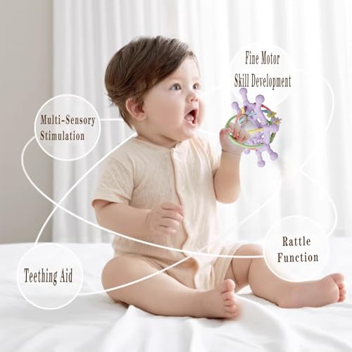 Image of Busy Rattle for Babies, Food Grade Teething Toys for Babies 0 3 6 9 12 18 Months, Newborn Infant Learning Developmental Toys .Sensory Teether Toys,Toddler teether Soothes Teething Pain(Purple&Pink)