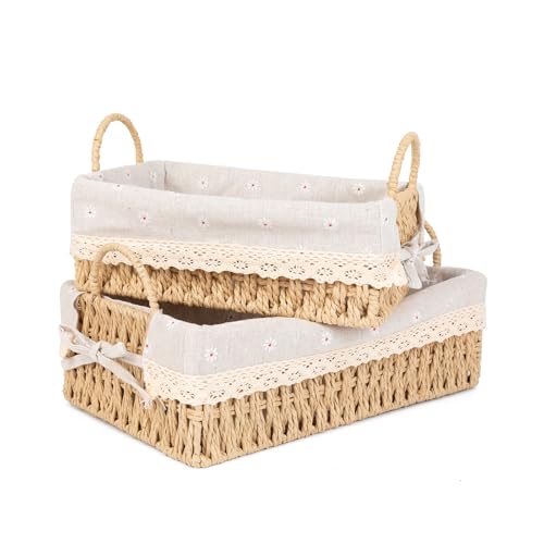Wicker Storage Baskets with Handle and Liner, Rectangular Natural Paper Rope Woven Shelf Baskets for Organizing, Storage Bins Organizers for Living Room Bedroom Bathroom Tabletops(Set of 2)