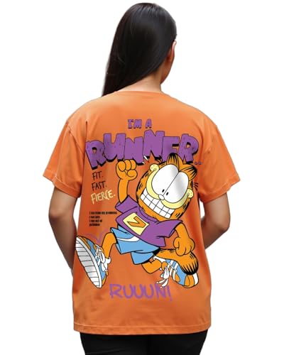 Image of Bewakoof X Official Garfield Merchandise Women's Selective Participation Graphic Printed 100% Cotton T-Shirt - Boyfriend Fit, Round Neck, Half Sleeves, Loose Fit