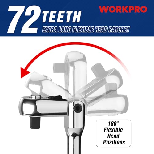 Image of WORKPRO 3 /8 inch Drive Extra Long Flex Head Ratchet, 18 Inch Reach Quick Release CR-V Steel Ratchet Handle, CR-MO Head, Reversible Design, 72-Tooth