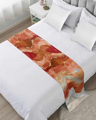 Burnt Orange Coastal Bed Runner for Full/ Queen Size Bed, Spring Summer Ocean Beach Nautical Sea Wave Bedspread Protector Slipcover Bed Scarf for Foot Bed Runners & Scarves for Bedroom 83x20 Inches