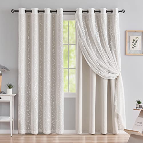 Mix Matched Curtain Set Leaf Sheer Lace 2 Panels & 2 Full Blackout Curtains 100 Percent Room Darkening Beige Window Treatments For Bedroom Living Room Grommet Top Design, 52" W X 84" L, Beige & White #TOP1