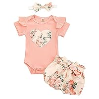 Geagodelia 3tlg Baby Kleidung Outfit Mädchen Babykleidung Set Kurzarm Body Strampler + Blumen Shorts + Stirnband Neugeborene Weiche Sommer Babyset (Pink - Herz, 0-3 Monate)