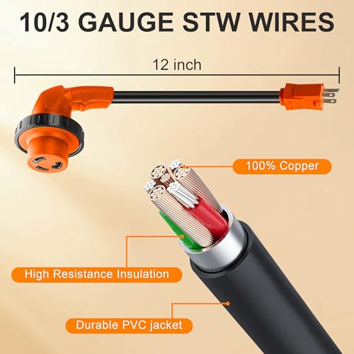 Image of RV 30 Amp to 110 Adapter with Locking Connector, 5-15P to L5-30R | 90 Degree Design, Upgraded Grip Handle, Twist Lock Connection, 12 Inch, 125V 1875W