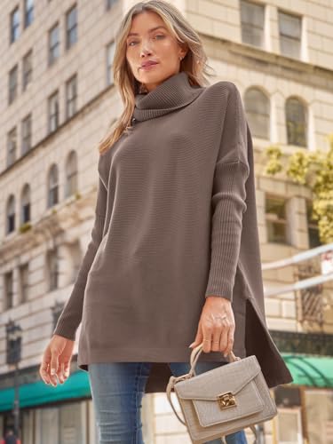 Image of LILLUSORY Women's Turtleneck Oversized Sweaters Long Batwing Sleeve Spilt Hem Tunic Pullover Knit Tops