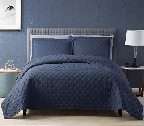 EXQ Home Quilt Set King Size Navy 3 Piece,Lightweight Microfiber Coverlet Modern Style