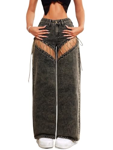 jeans for women trendy Hollow Out Solid Color Wide Leg Jeans With Pockets, Casual