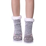 Womens Super Soft Cute Cartoon Animal fuzzy Cozy Non-Slip Winter Slipper Socks (Gray Cat)