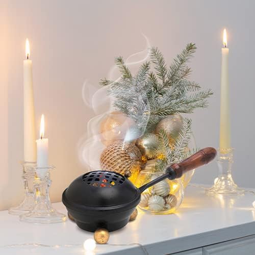 Miniatura 5 de MaMeMi Quemador de incienso de hierro negro con mango y tapa de madera, pequeño y compacto diámetro de 3.15 pulgadas de longitud con mango de