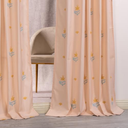 Image of Tranquebar Curtain Co. Window Curtains 6 Feet, 60-65% Room Darkening, Peach Floral Print, Cotton Curtains for Window, Cotton Curtains 6 Feet Long Set of 2, BackTab Loops, Taj (183 cm) - Set of 2