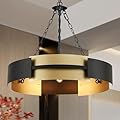 Avzkcy 26-Inch Modern Chandelier Industrial Black and Gold Light Fixture Large Drum Pendant Lighting for Dining Room Kitchen Living Room Foyer Height Ajustable 5-Light