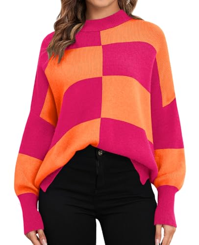 ZAFUL Womens 2025 Trendy Sweater Checkered Oversized Pullover Sweaters Side Slit Cozy Fall Winter Jumper Tops