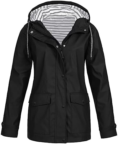 Womens Long Waterproof Jacket Hooded Women Rain Raincoat Solid Hooded Jacket Windproof Outdoor Coat Plus Women's Coat Womens Fleece Zip up Jacket