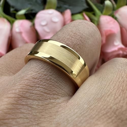 TUTISS 8mm Gold Tungsten Carbide Rings for Men Women Fashion Engagement Wedding Bands Matte Finish Pipe Cut Comfort Fit Size 7 by TUTISS - Used condition - Image 5