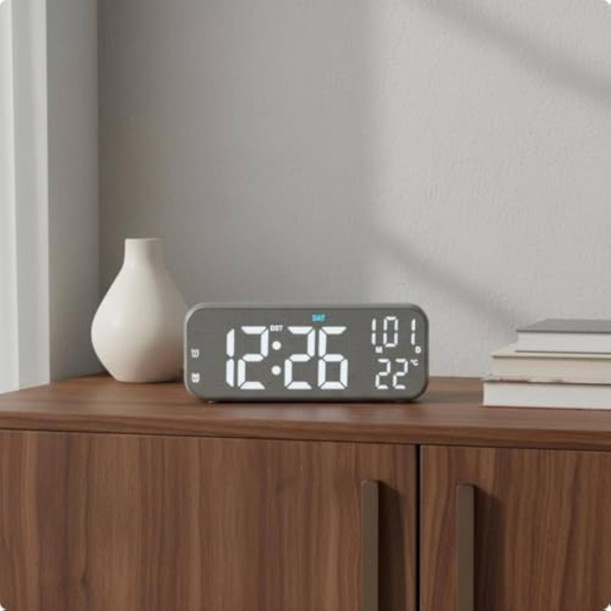 Blue Light Strip LED Desk Clock, Yellow Wood