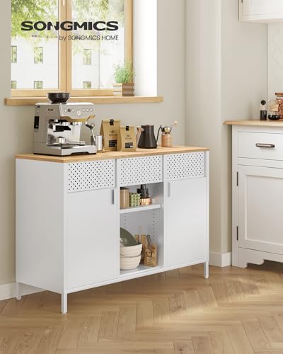 SONGMICS Aufbewahrungsschrank, Metallschrank, Schrank mit Doppeltür, Sideboard, Magnetverschluss, verstellbare Einlegeböden, Stahlgestell, mattweiß-eichenbeige LSC204WC01