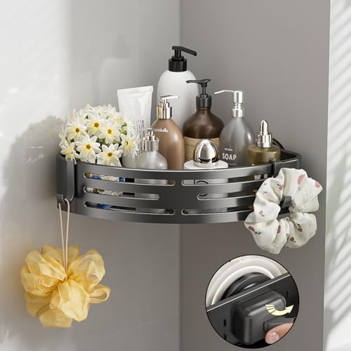 Corner Shower Caddy Suction Cup,Shower Shelves with Hooks,No Drilling Powerful Suction Bathroom Organizers and Storage,Removable Waterproof Rustproof Shower Bathroom Accessories Decor(Grey 1Pack)