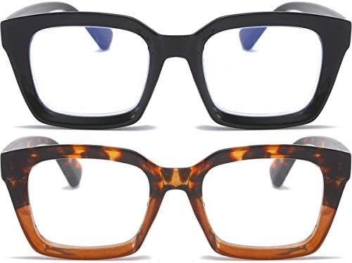REAVEE 2 Pack Oprah Style Oversized Reading Glasses Blue Light Blocking,for Women Men Ladies Stylish Retro Square Large Computer Readers (Black/Leopard 1.5x)