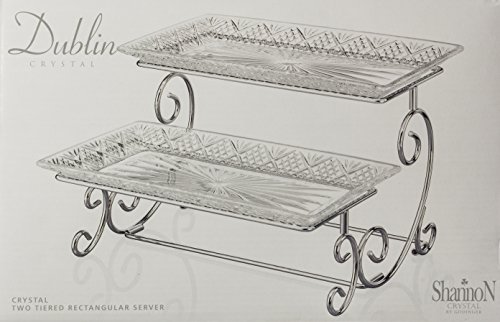 Godinger Silver Art Dublin 2 Tiered Glass Buffet Serving Tray - Chrome Plated Platter Stand with Starburst Design - Party and Event Dessert and Food Display Server