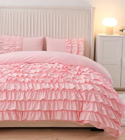 Holawakaka Pink Waterfall Ruffle Comforter Set Full Size Multi-Layers Ruffled Shabby Chic 3PCS Bedding Set for Girls Women - Image 6