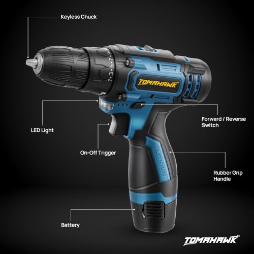 Image of Tomahawk T8000 12V Cordless Drill Machine & Screwdriver for Home | 10mm Keyless Chuck | 2-Speed 350 /1350 RPM | 28 Nm, 25+1 Clutch | 1.5Ah Battery + Charger | LED Light