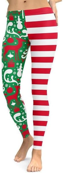 FIERCEPULSE Two Pattern Christmas Leggings for Women - Candy Cane Stripe & Holiday Color Print Festive Yoga Pants Gym Workout