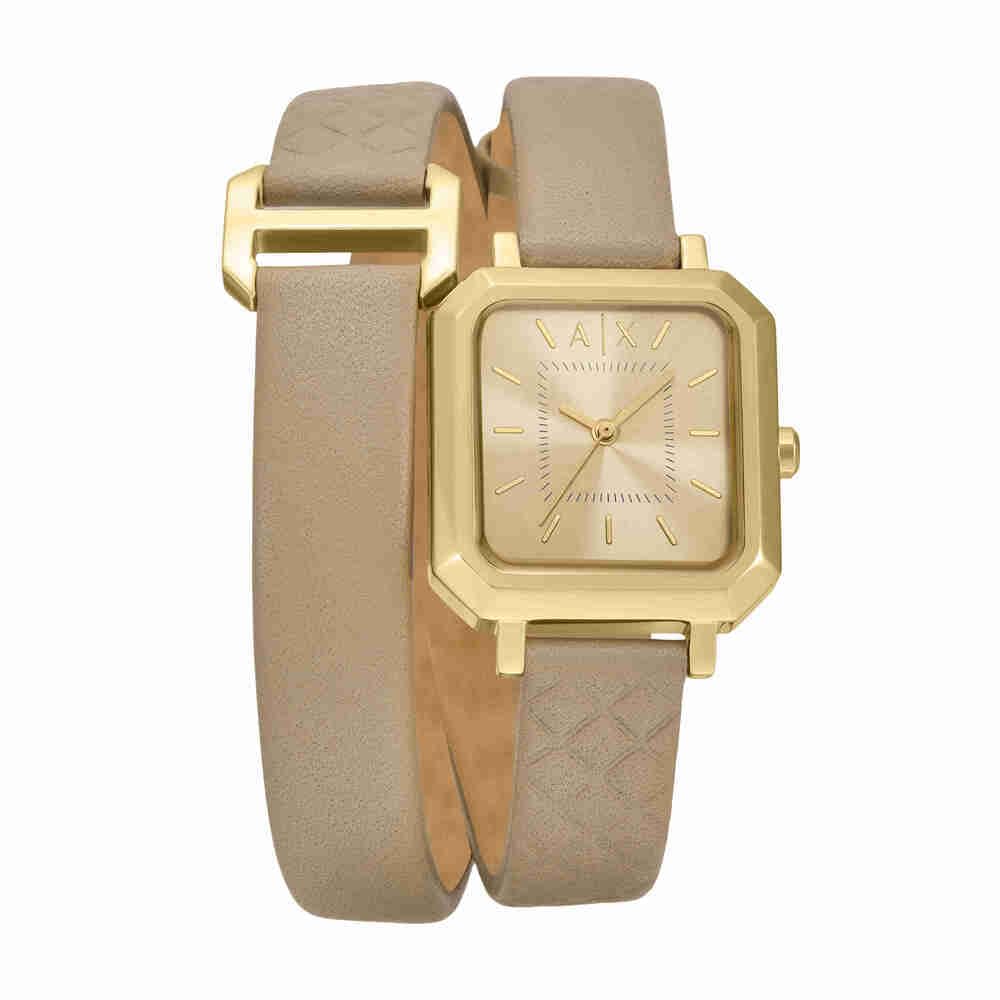 Armani Exchange Watch for Women, Quartz Three Hand Movement and 27 mm Case Size with Leather Strap, Biege