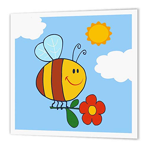 3dRose ht_116882_2 Cute Honey Bee Holding Flower Happy Summer Cartoon Nature Design Iron on Heat Transfer, 6 by 6-Inch, for White Material