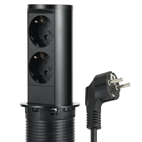 Electraline 62586 Multipresa Pop-up a Scomparsa per Scrivania/Cuina, Tavolo Presa a Incasso 2 Prese Schuko, Diametro Standard 60 mm, Cavo 2 m, Spina Schuko