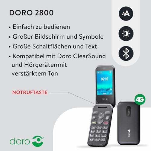 Doro - 2800 - Seniorenhandy - 4G-Klapptelefon ohne Vertrag - Tasten mit Sprachausgabe - Kamera - Bluetooth - Notruftaste - Schwarz
