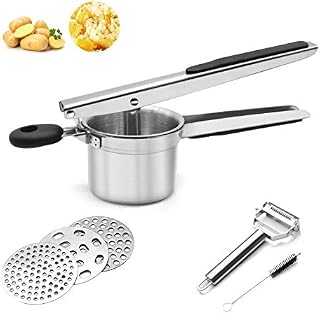 StayGold Potato Ricer, Spätzle Press, Stainless Steel Potato Masher with 3 Interchangeable Strainers for Fruit Vegetable Maker and Baby Food, Easy to Use and Clean (Includes Peeler)