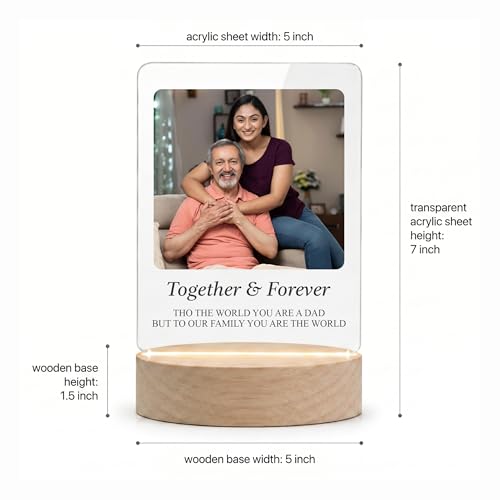Image of Giftplease Fathers Day Personalized Rectangle Acrylic LED Frame - Custom Single Square Photo Wood Stand Tabletop Showcase with Inspiring Quote For Grandpa Birthday, Dad, Stepdad, Birthday