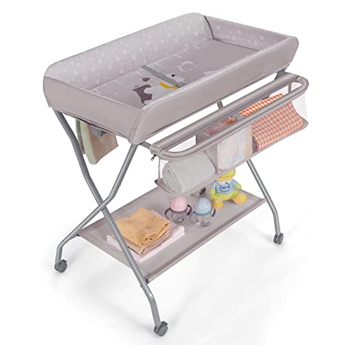 Image of Costzon Portable Changing Table, Mobile Baby Changing Table with Wheels, Safety Belt, Large Storage Basket, Rack & Shelf, Folding Diaper Changing Station Nursery Organizer for Infant Newborn (Gray)